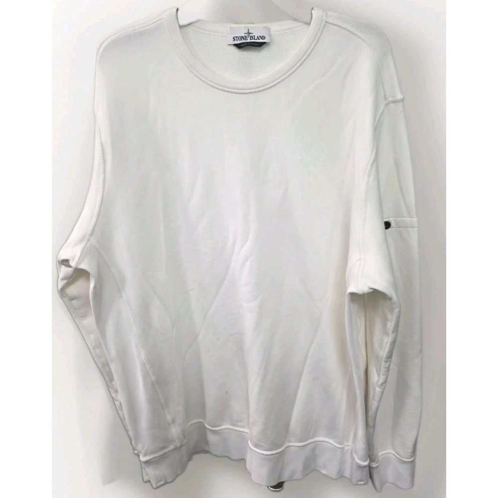 Stone Island Mens White Crew Neck Sweatshirt Made in Italy Long Sleeve Pullover